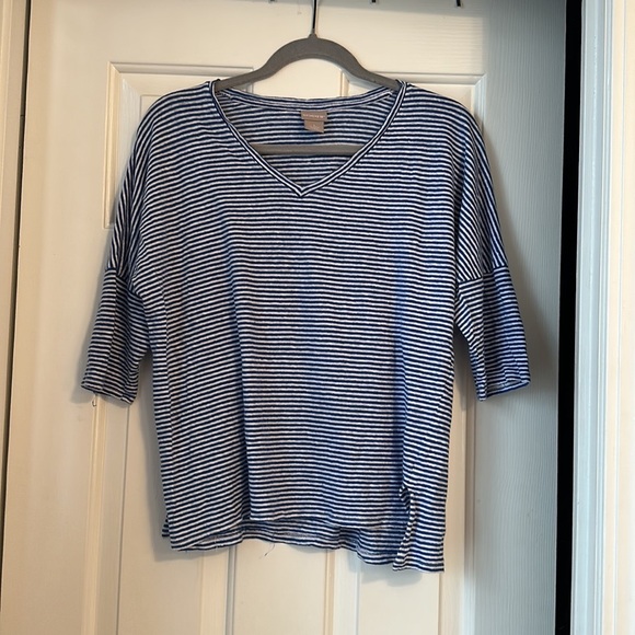 Chicos 100% linen blue and white striped 3/4 length slub tee dolman sleeve - Picture 1 of 4